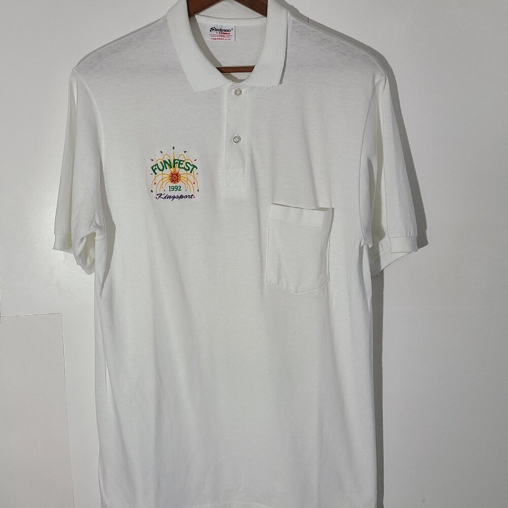 Vintage 1992 Kingsport Fun Fest Stedman White Large Polo Made in USA